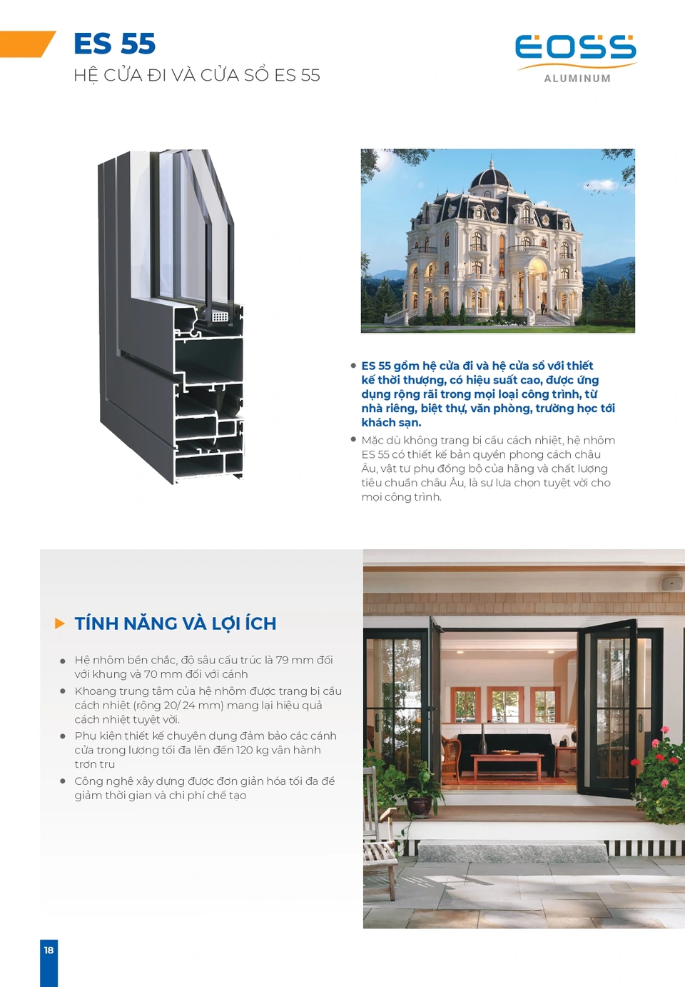 Hệ nhôm EOSS hệ 55 — cửa đi và cửa sổ mở quay