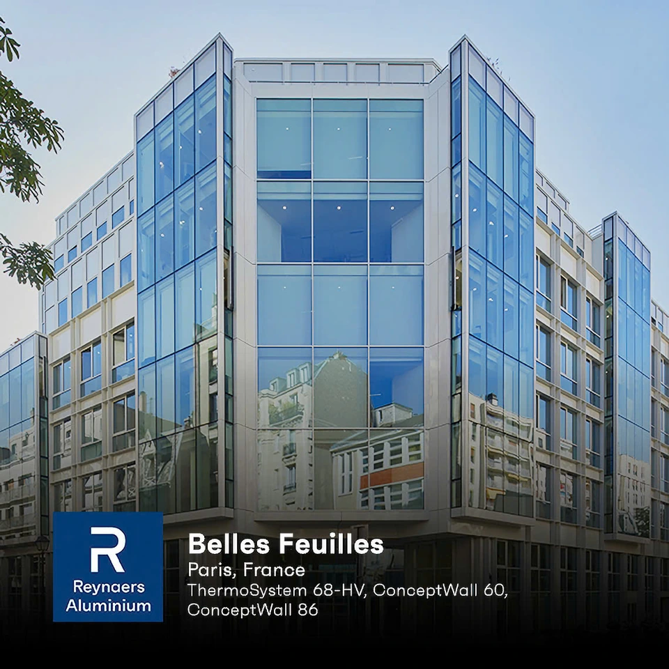 Hệ nhôm Reynaers ThermoSystem 68-HV và ConceptWall 60/86 — công trình Belles Feuilles (Paris, Pháp)