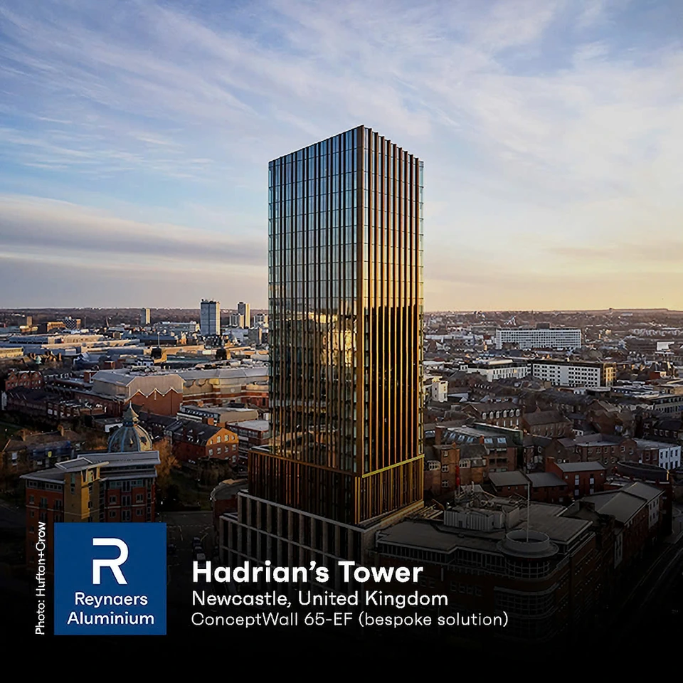 Hệ mặt dựng nhôm Reynaers ConceptWall 50-EF — công trình Hadrian's Tower (Newcastle, Anh)