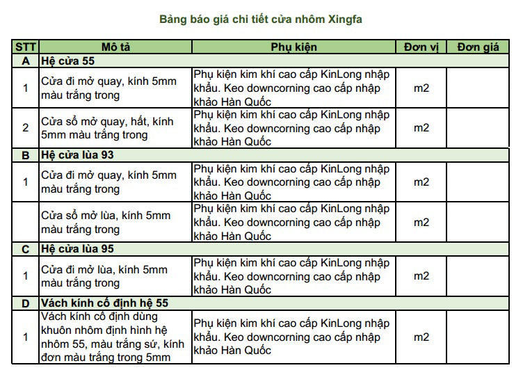 Báo Giá Chi Tiết Cửa Nhôm Xingfa